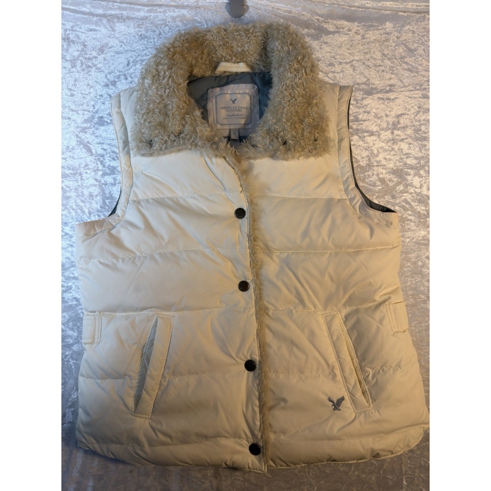 American Eagle Puffer Vest Womens L Ivory Faux Fur Trim Down Y2K Winter